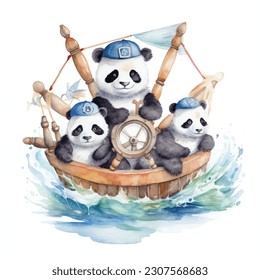 watercolour illustration of a panda in a wooden boat