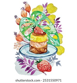 Watercolour illustration of small layer cake topped with strawberry with floral background