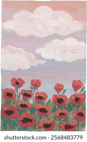 Watercolour illustration of a sun, clouds and flowers on a pink background	