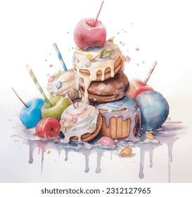 watercolour illustration sweets desserts, colourful cake and desserts