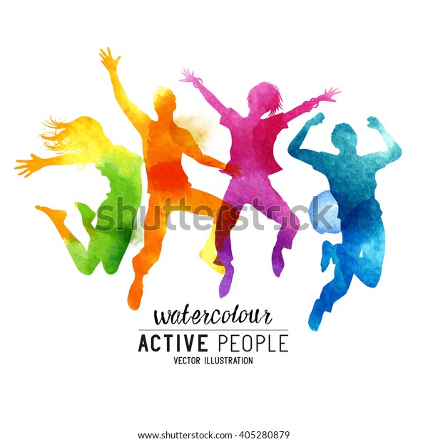 Watercolor Jumping People, healthcare wall chart Vector. 