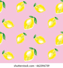 Watercolour Lemon Element. Concept Vivid Fashion Backdrop On Rosy Color. Watercolor Seamless Pattern. Citrus Fruit Background Vector Illustration. 