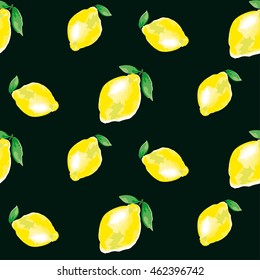 watercolour lemon element. concept vivid fashion backdrop on black color. watercolor seamless pattern. citrus fruit background vector illustration. 