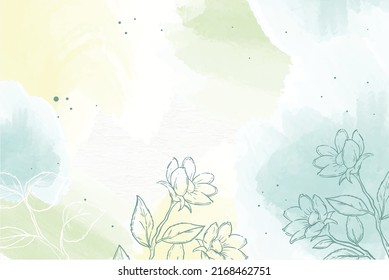 Watercolour light blue, yellow and green floral background. Creative paintbrush lines texture for backdrop. Hand drawn paint strokes design artwork vector. 