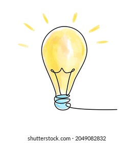 Watercolour Light Bulb In Continuous Line Drawing. Sketchy Idea Concept. Outline Simple Artwork With Editable Stroke. Vector Illustration For Your Design.