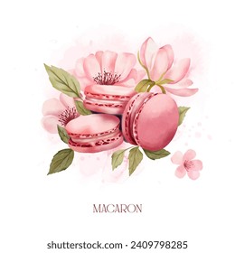 Watercolour macaron art. Pink macaroon with cherry blossom on the background. Sweet art with watercolour flowers ad splashes. Bakery, cafe, sweet corner poster design