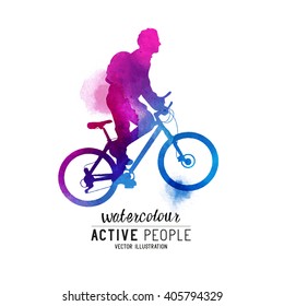 Watercolour Man Riding A Bike. A cyclist keeping fit. Vector illustration.