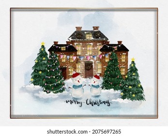 Watercolour paint Christmas tree with house, light bulb decoration with snow falling on watercolor paper background,Vector Merry Christmas greeting card of farm house and fir tree with golden frame