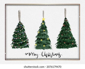 Watercolour paint Christmas tree with red bow,star,light bulb decoration with snow falling on white watercolor paper background,Vector Merry Christmas greeting card set of fir tree with golden frame