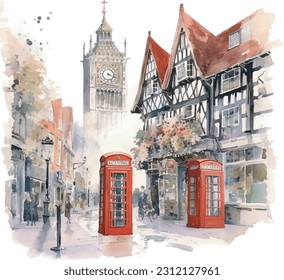 Watercolour painting, building, landmark, Urban sketch