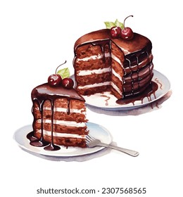 A watercolour painting of chocolate cakes.