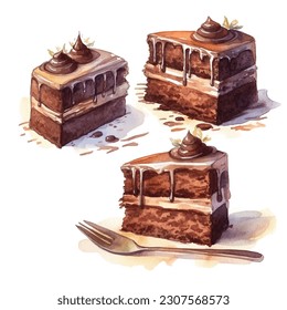 A watercolour painting of chocolate cakes.