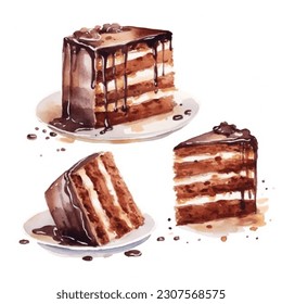 A watercolour painting of chocolate cakes.