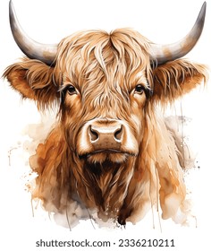 Watercolour painting of a cute highland cow head vector svg