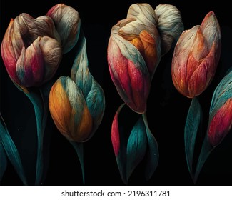 Watercolour painting of tulips on a black background. Elegant digital illustration.