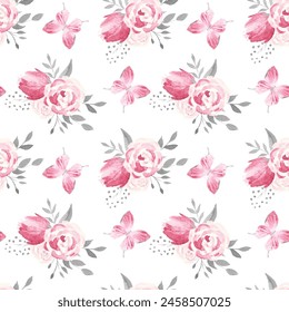 Watercolour pink and silver seamless pattern with butterfly vector design