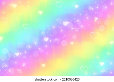 Watercolour rainbow background with stars, hearts and sparcles. Gradient holographic abstract backdrop. Vibrant aquarelle wallpaper. Vector illustration