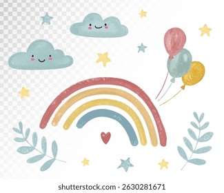 Watercolour Rainbow with Clouds Balloons and Stars Vector Illustration for Cute Celebration Themes in Pastel Colors