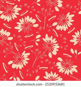 acuarela rojo floreciente patrón floral sin fisuras, boceto de línea, flores delicadas, hojas verdes, diseño para la moda, tela, textil, Fondo de pantalla, cubierta, Web