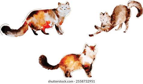 watercolour red and brown colour cats set