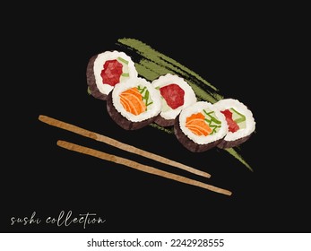 Sushi de rollo acuarela sobre la presentación de fondo negro. Obra de arte realista sobre salmón y maki de atún. Vector de comida asiático para impresión, afiche, menú, banner, portada, comercial, y.