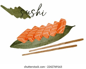 Watercolour salmon sashimi with chopstick on green leaf. Traditional raw fish asian food for promotion, banner, menu, flyer, ad, paper. Vector illustration