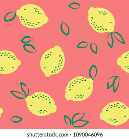 Watercolour seamless pattern with hand drawn lemons. Concept vivid fashion backdrop on red color. Citrus fruit background vector illustration