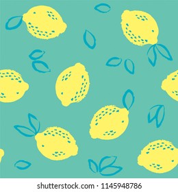 Watercolour seamless pattern with hand drawn lemons. Concept vivid fashion backdrop on mint color. Citrus fruit background vector illustration