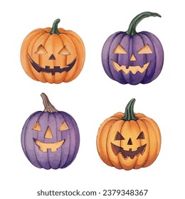 watercolour set of halloween pumpkins in pastel orange and purple palette