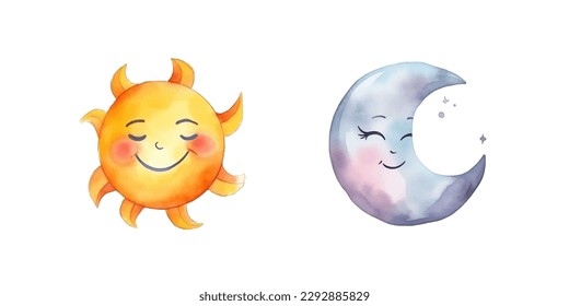 Colores de agua del sol y la luna en un sencillo estilo de acuarela de dibujos animados. Iconos aislados