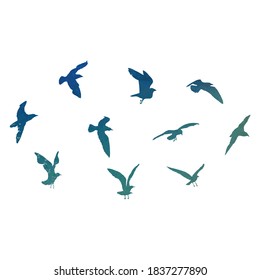 Watercolour silhouette of flying birds seagulls on white background. Inspirational body flash tattoo ink of sea birds. Vector.