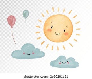 Watercolour Smiling Sun with Clouds and Balloons Vector Illustration for Happy Weather Themes in Pastel Colors for Kids Decor