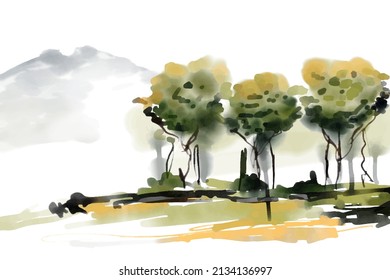 Watercolour style background of a mountain landscape