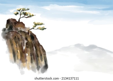 Watercolour style background of a mountain landscape