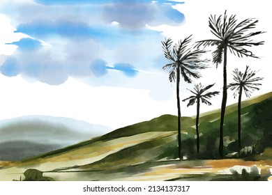 Watercolour style background of a mountain landscape