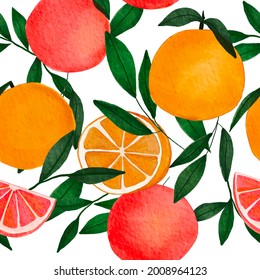 Watercolour Tropical Orange and Grapefruit design Seamless Pattern on white background. Hand Drawning repeat Citrus Fruit , full and cut, green branch leaves. Vector Illustration