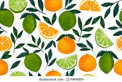 Watercolour Tropical Orange and Lime  design Seamless Pattern on white background. Hand Drawning repeat Citrus Fruit , full and cut, green branch leaves. Vector Illustration