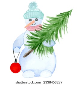 Acuarela - vector 2. Snowman-2, ilustración de invierno, fondo blanco.