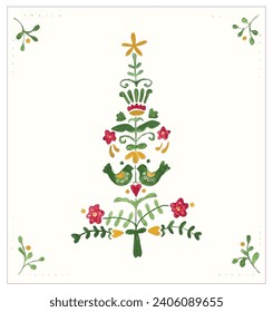 Watercolour vector folk Christmas ornament with birds and flowers