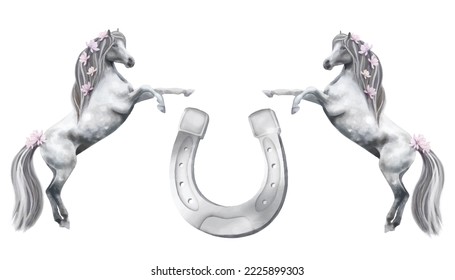 Watercolour vector horse shoe, beautiful pony, isolated on white background. Good luck symbol, Horseshoe