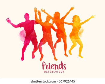 Watercolour vector illustration of young bright coloured friends jumping together.