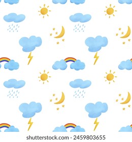 Watercolour vector seamless pattern weather events.