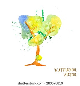 Watercolour vector tree with grunge splashes. Oak drawn by child. Hand painted ink tree.