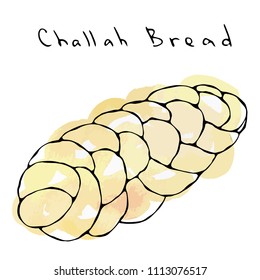 Watercolour Zopf or Challah Bread. Jewish or Swiss, Austrian or Bavarian Bakery. Realistic Hand Drawn Illustration. Savoyar Doodle Style.