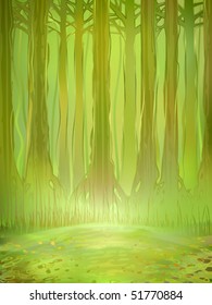 Watercolour-stylized vector of a dense green jungle forest in the background and a small sunlit clearing in the foreground (AI-optimized EPS 8 file, other landscapes are in my gallery)