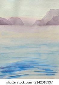 Watercoluor Sea Landscape. Blue Sea Watercolor Paint. Blue Ocen Paint. View Mountain Watercoluor. Ocean Mountain Sunset.  Aquarelle Sunset Blue Sky. Watercolor Ocean Sunset. Sea Watercolor Background.