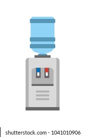 Máquina Watercooler, afiche con construcción de galones y mesa pequeña con lámparas rojas y azules, botella de plástico y ilustración vectorial de pureza