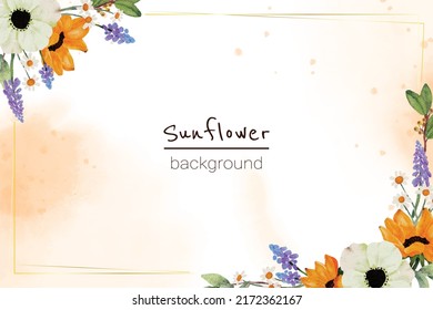 watercoolor yellow sunflower and white anemone flower bouquet banner background