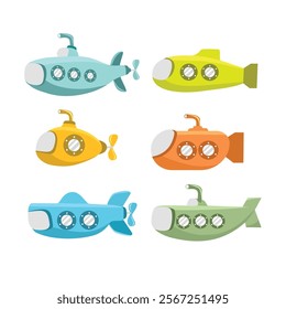 Watercraft illustration. Set of submarine. Colorful submarine. Set of submarine illustration. Torpedo. Underseas boat. Submersible. Ship. Warship. U boat.