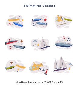 Watercraft or Swimming Water Vessel with Boat and Ship Vector Composition Set